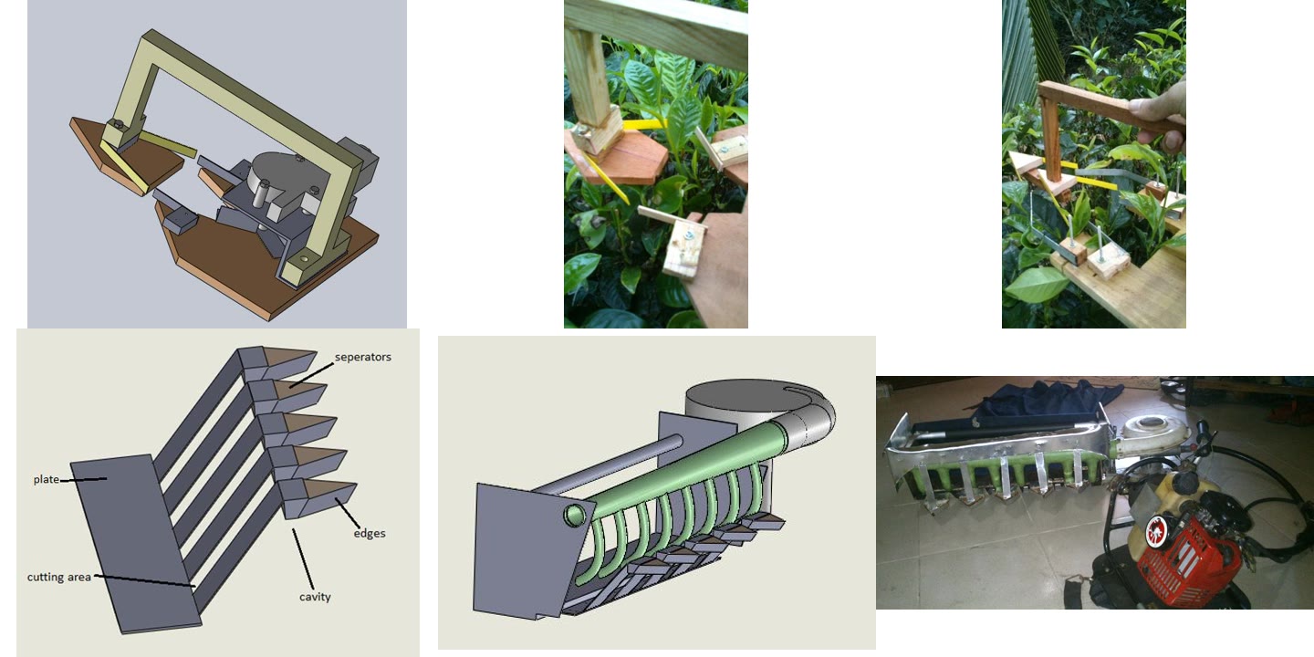 Collage of the prototypes: CAD model of prototype 2, field tests of prototypes 2 and 3, concept of prototype 4, the attachment on the harvester in CAD, and the built attachment on the harvester